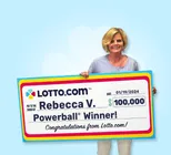 Winner Rebecca V. holds a check for $100,000 in her hands